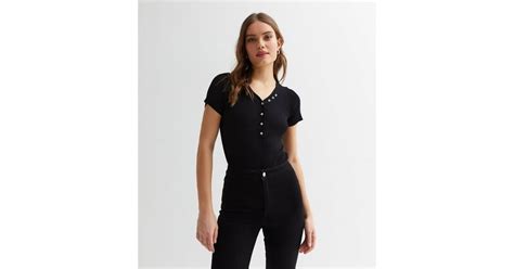 Cameo Rose Black Ribbed Jersey Diamanté Button Bodysuit New Look