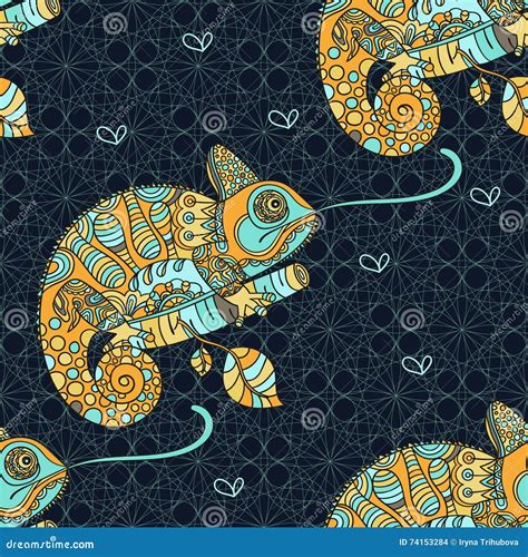 Seamless Pattern With Hand Drawn Chameleon Stock Vector Illustration