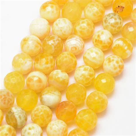 Natural Yellow White Fire Agate Gemstone Faceted Round Beads Sold By