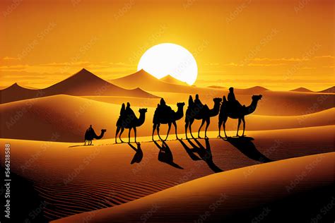 Camel Caravan Goes Through The Desert At Sunset Ai Generated Stock