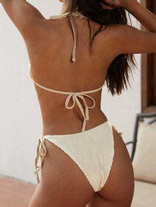 Zaful Halter Textured Tie Side Tanga Bikini Swimwear In Light Coffee