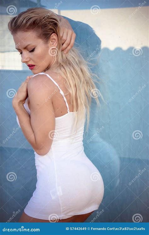 Blonde In A White Shirt On A Terrace In Summer Stock Image Image Of Bright Lifestyle
