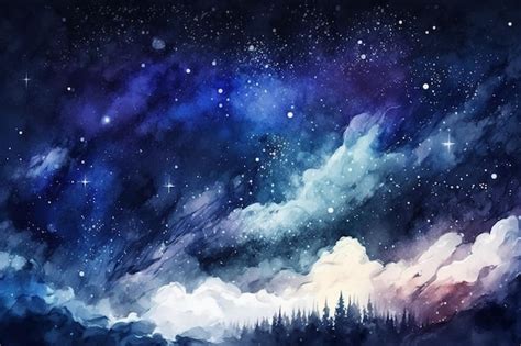 Premium Photo | A painting of a starry night sky with a dark sky and trees.