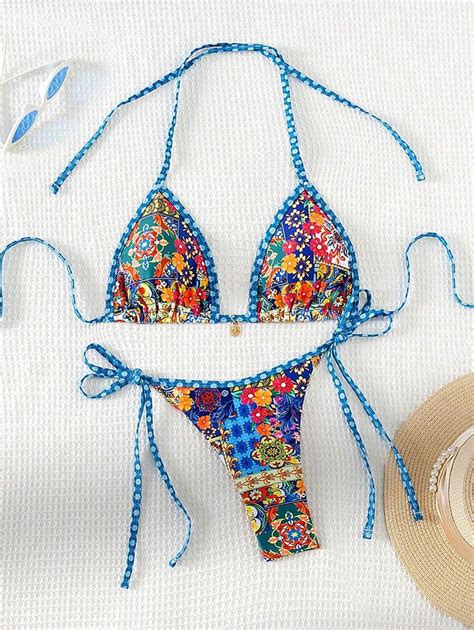 Swim Vcay Printed Halter Neck Bikini Set Two Piece String Beach Outfit Bathing Suit Summer