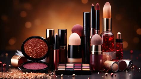 Collection of makeup products and brushes - Glamorous beauty essentials ...