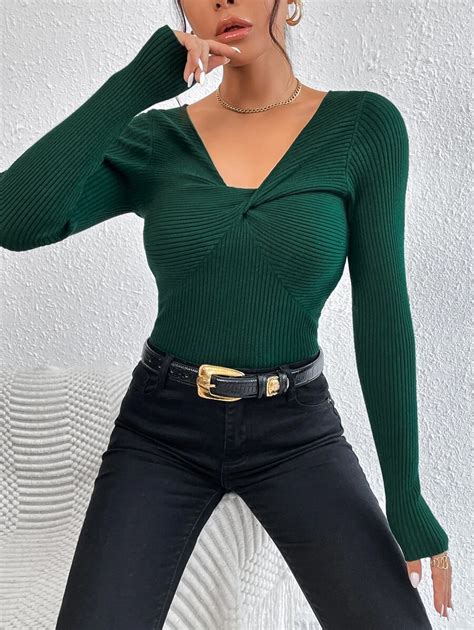 Shein Essnce Twist Front Ribbed Knit Sweater Shein Usa