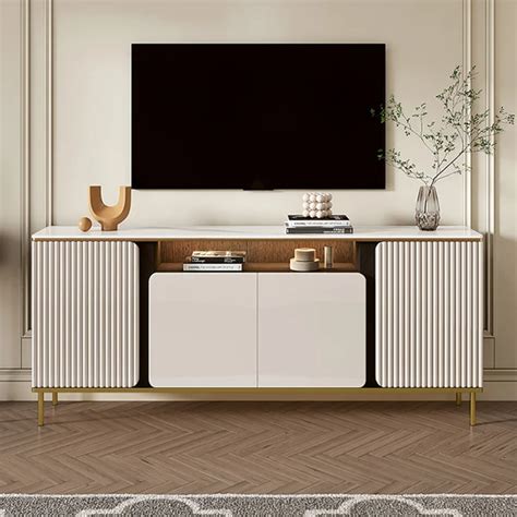 63'' Modern Beige Tall TV Stand with Sintered Stone Media Console