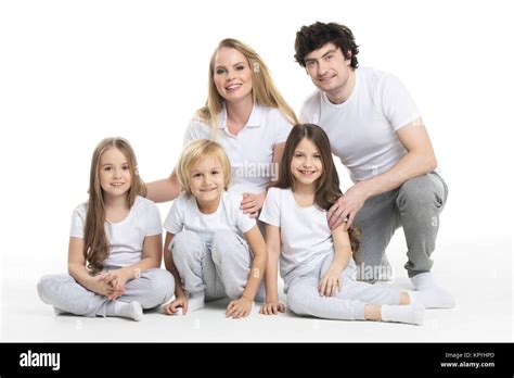 Five member family, parents and three children isolated on white ...