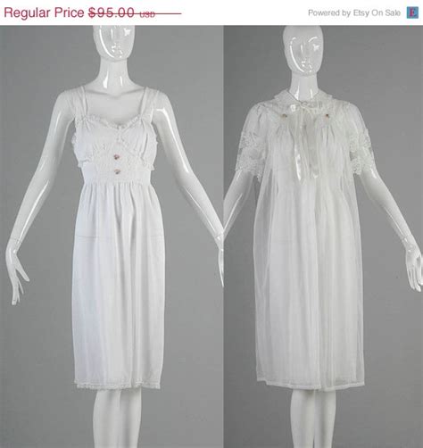 10 OFF Vintage 60s White Feminine Nightgown Peignoir Set Lace Chiffon Fitted Midi Lingerie