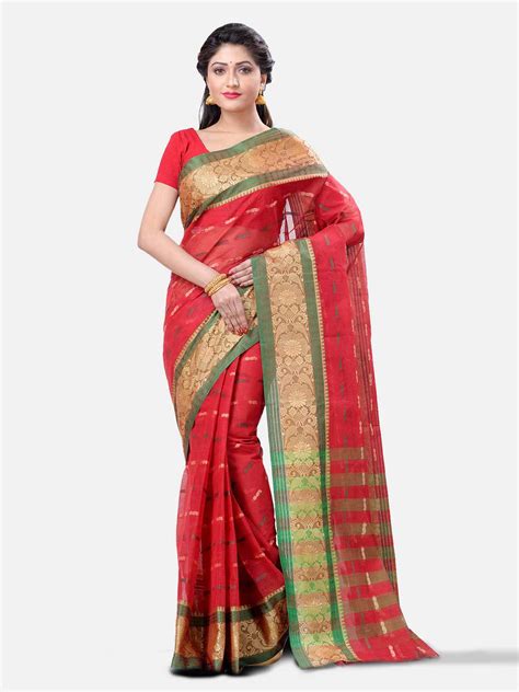 Bengal Tant Handloom Cotton Saree Red Saris Desh Bidesh Online In India