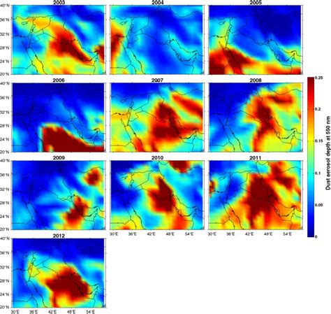 Yearly Averaged 20032012 Dust Aerosols Optical Depth At 550 Nm