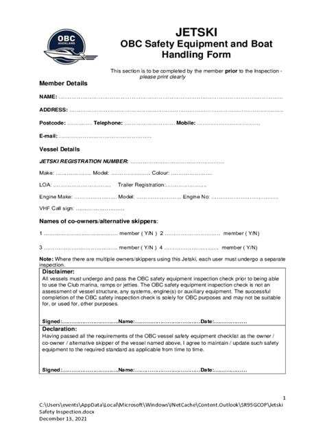 Fillable Online Obc Jetski Safety Equipment Inspection Form Fax Email