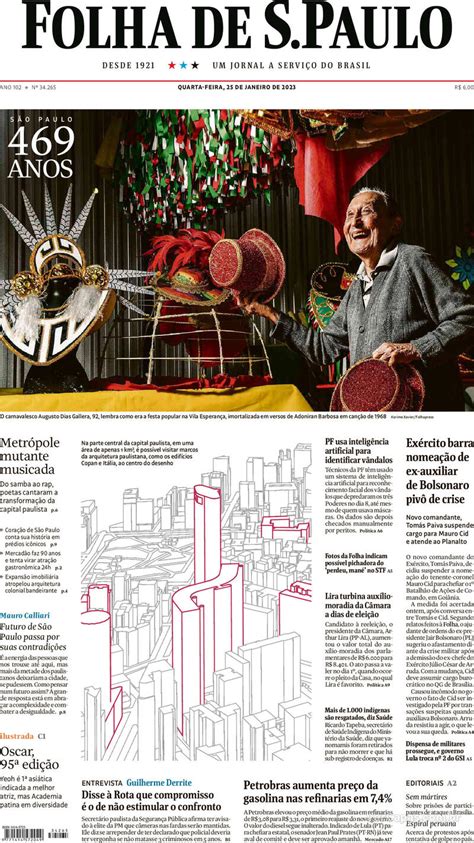 Capa Folha De S Paulo Edi O Quarta De Janeiro De