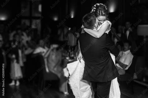 Wedding Couple Performing First Dance And Hugging Luxury Bride And