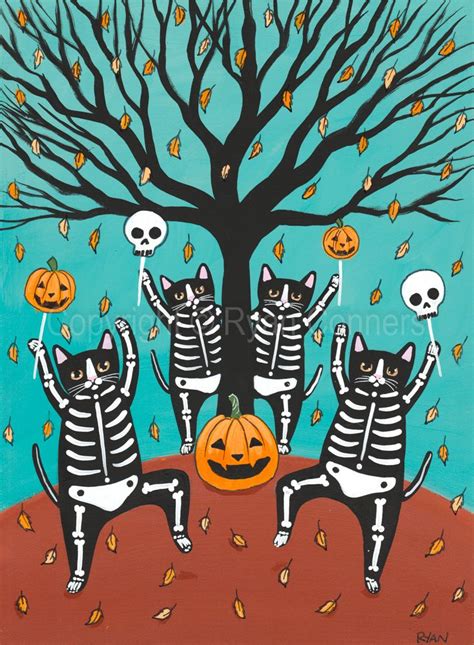 Celebration Of Halloween Skellie Cats Original Cat Folk Art Painting By