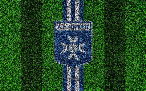 Download wallpapers Auxerre FC, 4k, logo, football lawn, french football club, blue white lines ...