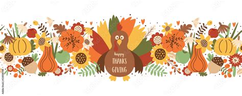 Thanksgiving Day Horizontal Seamless Border With Turkey Harvest