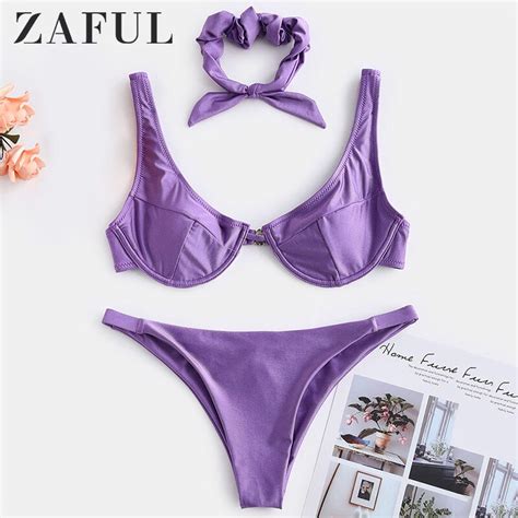 Zaful Shiny Underwire Bikini Set With Hair Band R Bikinibottom