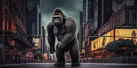 Premium AI Image | A gorilla stands in the middle of a city with a billboard for the movie king ...