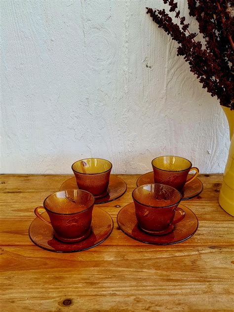 Lot de 4 tasses avec coupelles en verre vintage Marron Floral Végétal