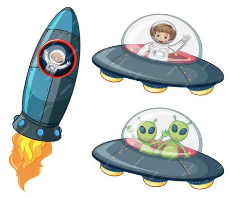 Astronautas Y Extraterrestres En Naves Espaciales Vector Premium