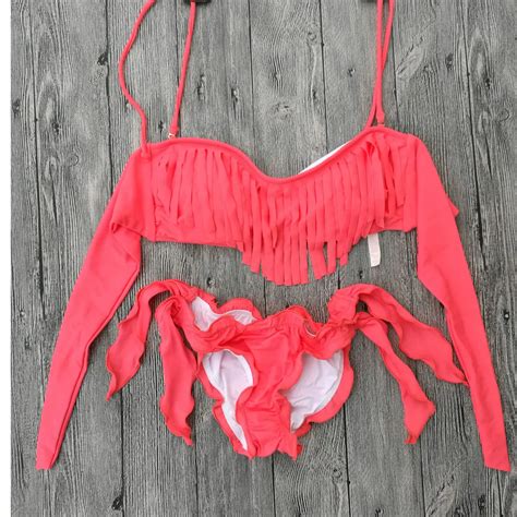 Women Tassel Bra Bikini Red Swimsuits Sport Fringe Top Swimwear