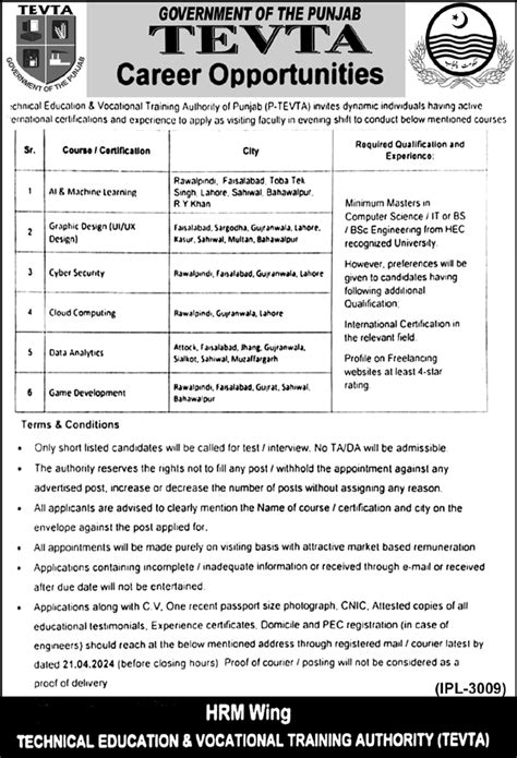 TEVTA Lahore Job 2024 2025 Job Advertisement Pakistan