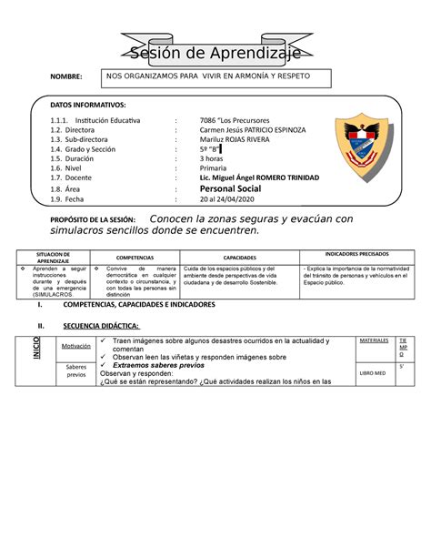 SESIón 7 Brigadas Defensa Civil Sesión de Aprendizaje NOMBRE DATOS