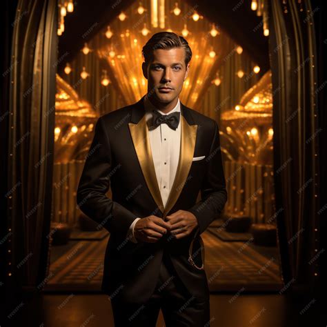 Scene of classic Hollywood glamour with male star golden elegant attire