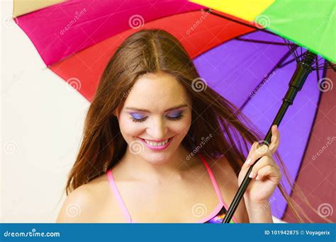 Woman Standing Under Colorful Rainbow Umbrella Stock Image Image Of