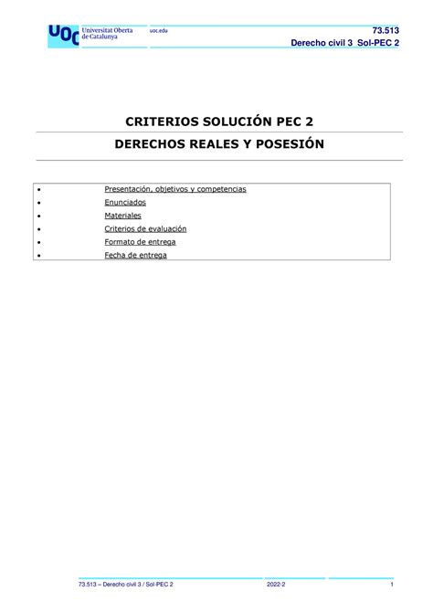 73513 sol PEC 2 2022 2 Derecho civil 3 Sol PEC 2 CRITERIOS SOLUCIÓN