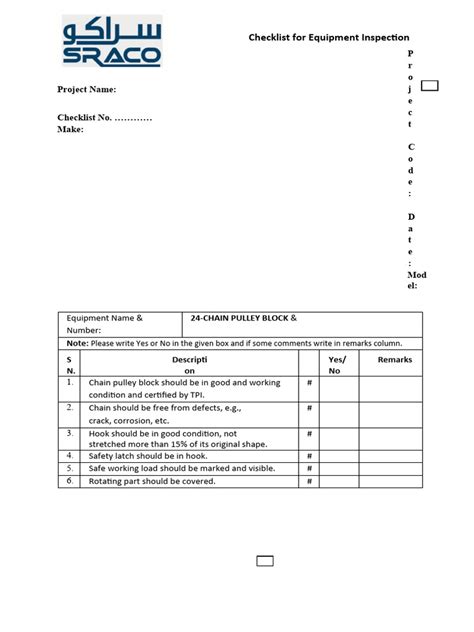 Checklist For Equipment Inspection Chain Pulley Block Pdf