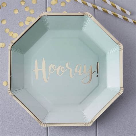 Ginger Ray Mint And Gold Hooray Paper Plates 8 Pack Paper Plates