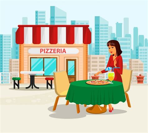 Femme Ayant Une Pause D Jeuner La Pizzeria Illustration Vecteur Premium