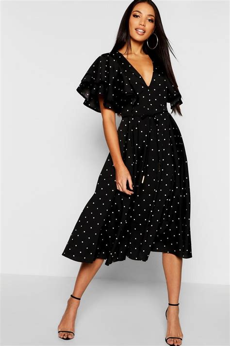 Mini Polka Dot Ruffle Angel Sleeve Midi Dress Boohoo