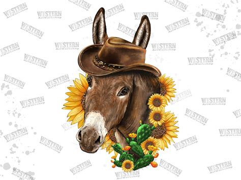 Western Donkey Sunflower Cactus Sublimation Png Cowboy Hat Donkey