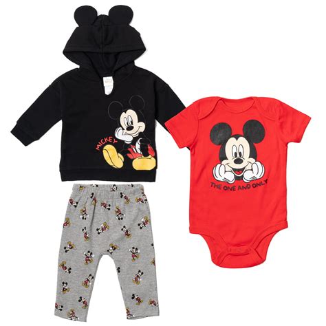 Disney Mickey Mouse Newborn Baby Boy or Girl Fleece Pullover Hoodie Bodysuit and Pants 3 Piece ...