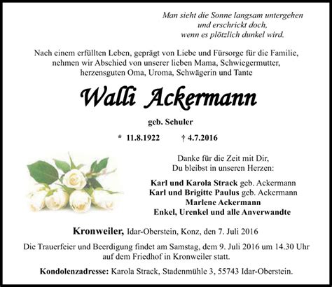 Traueranzeigen Von Walli Ackermann Rz Trauer De