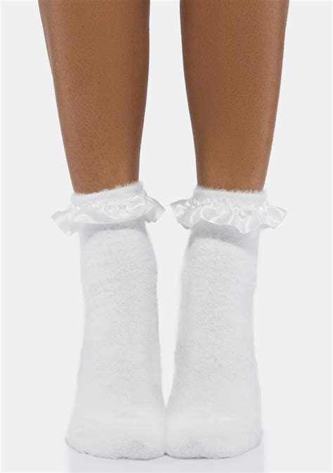 Fuzzy Satin Ruffle Trim Ankle Socks White Dolls Kill