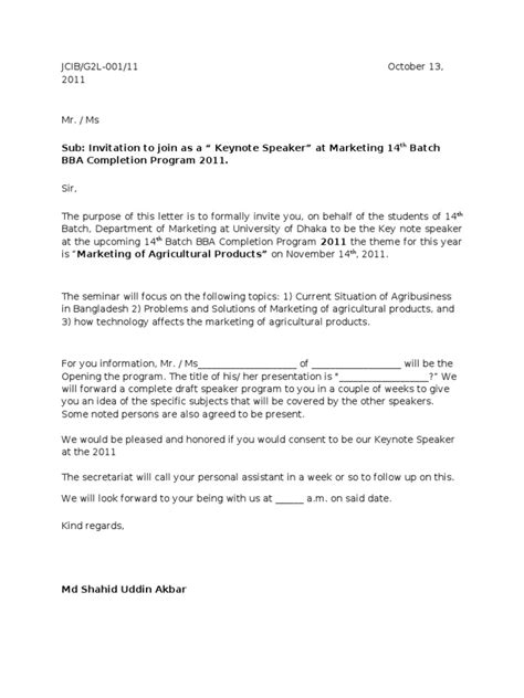 Keynote Speakerinvitation Letter