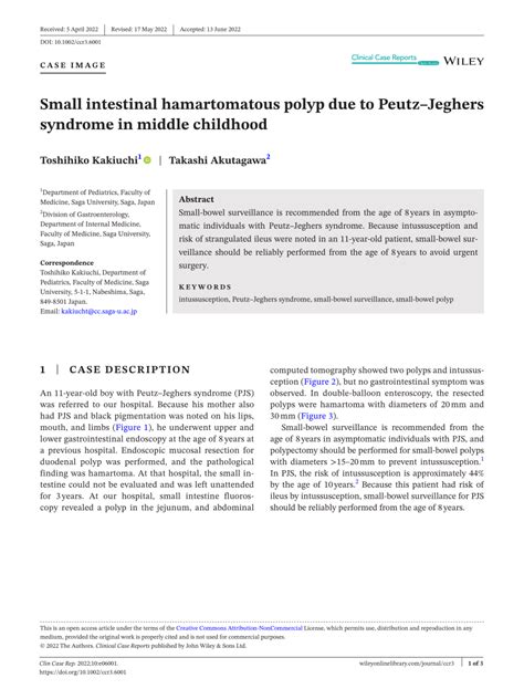 (PDF) Small intestinal hamartomatous polyp due to Peutz–Jeghers syndrome in middle childhood