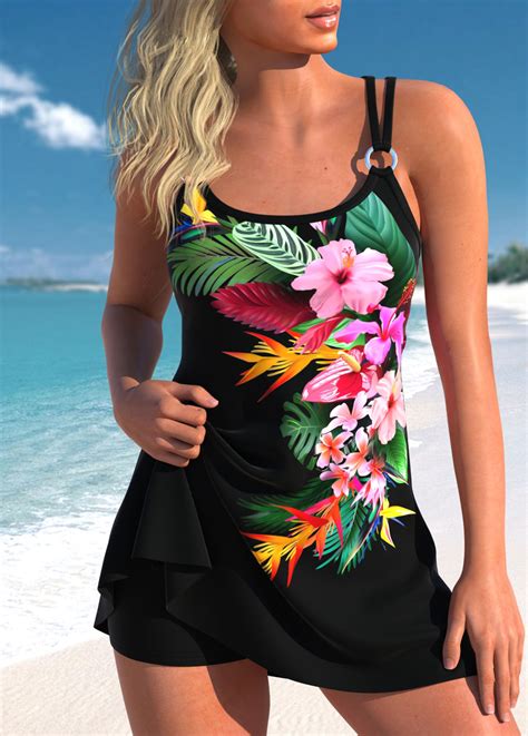 Floral Print Circular Ring Hot Pink Swimdress Top Rosewe Usd