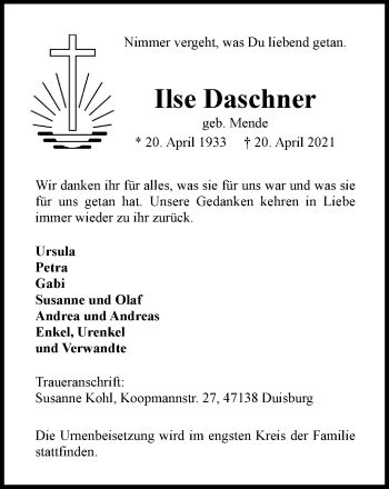 Traueranzeigen Von Ilse Daschner Trauer In Nrw De