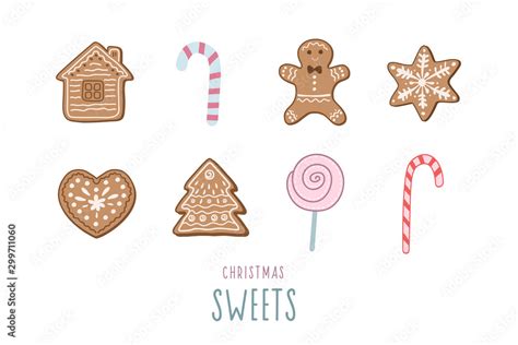 Set Of Christmas Sweets Vector Illustration In Doodle Style