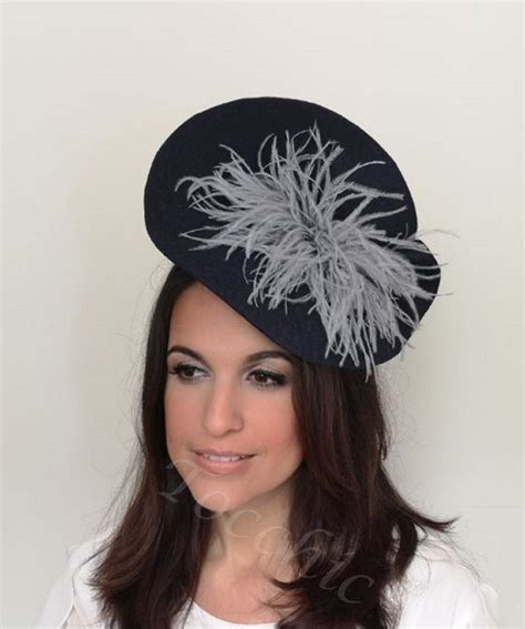 Grey And Navy Blue Fascinator With Feathers Feathers Wedding Etsy Blue Fascinator Navy Blue