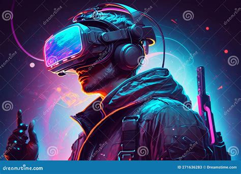 Homem Futurista Usando Fone De Ouvido Da Realidade Virtual Em Fundo