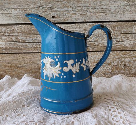 Vintage French Enamel Pitcher Farmhouse Kitchen Decor Blue Etsy