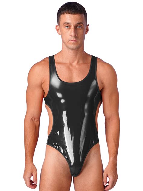 Iefiel Mens High Cut Thong Leotard Wet Look Latex Bodysuit Pool Party