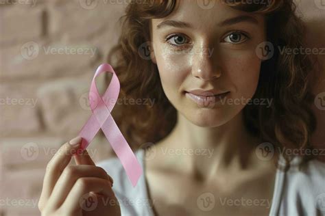 Ai Generated October Breast Cancer Awareness Month Woman With Hand Holding Pink Ribbon For