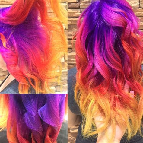 Rainbow Hair Purple Hair Yellow Hair Orange Hair Pink Hair Neon Hair Color Curls Sunset Hair